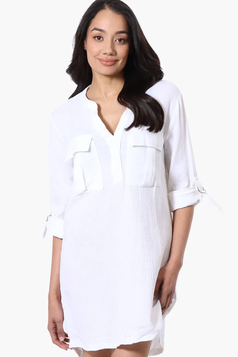 Impress Roll Up Sleeve Shirt Day Dress - White