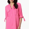 Impress Roll Up Sleeve Shirt Day Dress - Pink