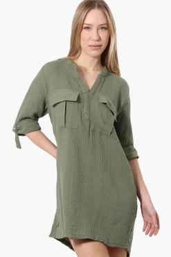 Impress Roll Up Sleeve Shirt Day Dress - Olive