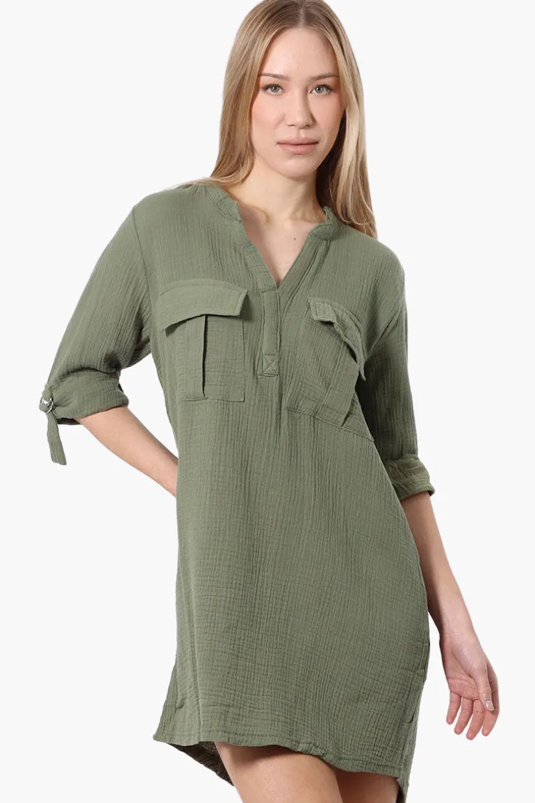 Impress Roll Up Sleeve Shirt Day Dress - Olive