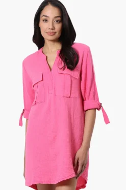 Impress Roll Up Sleeve Shirt Day Dress - Pink