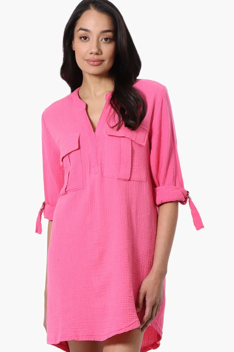 Impress Roll Up Sleeve Shirt Day Dress - Pink