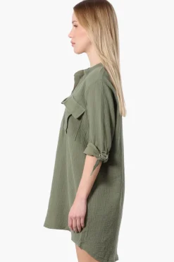 Impress Roll Up Sleeve Shirt Day Dress - Olive