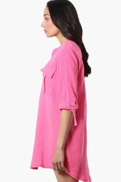 Impress Roll Up Sleeve Shirt Day Dress - Pink