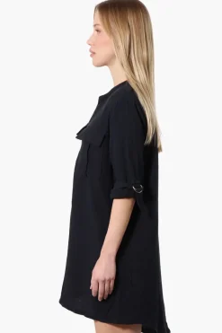 Impress Roll Up Sleeve Shirt Day Dress - Black