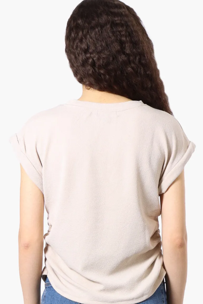 Impress Short Sleeve Side Ruching Blouse - Beige