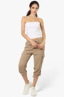 Impress Solid Tie Waist Cargo Pants - Beige