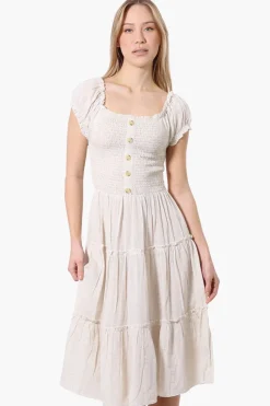 Impress Square Neck Smocked Day Dress - Beige
