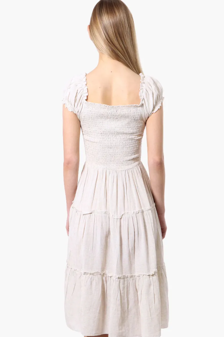 Impress Square Neck Smocked Day Dress - Beige