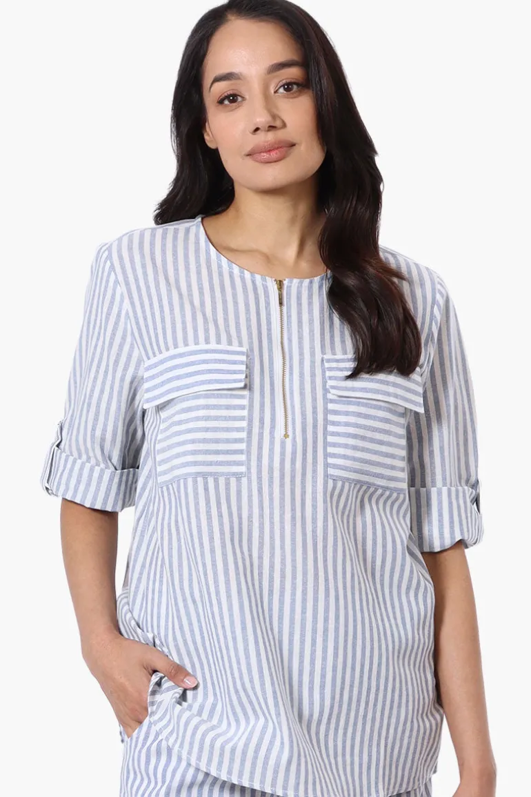Impress Striped Roll Up Sleeve Linen Shirt - Blue
