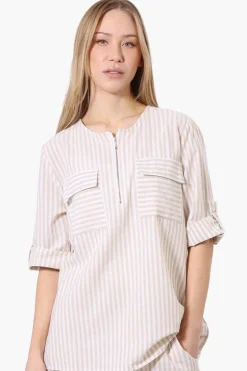 Impress Striped Roll Up Sleeve Linen Shirt - Cream