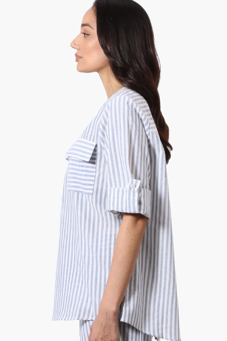Impress Striped Roll Up Sleeve Linen Shirt - Blue