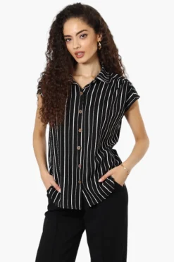 Impress Striped Short Sleeve Button Down Shirt - Black