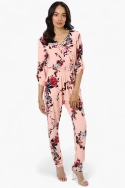 International INC Company Floral Roll Up Sleeve Jumpsuit - Pink