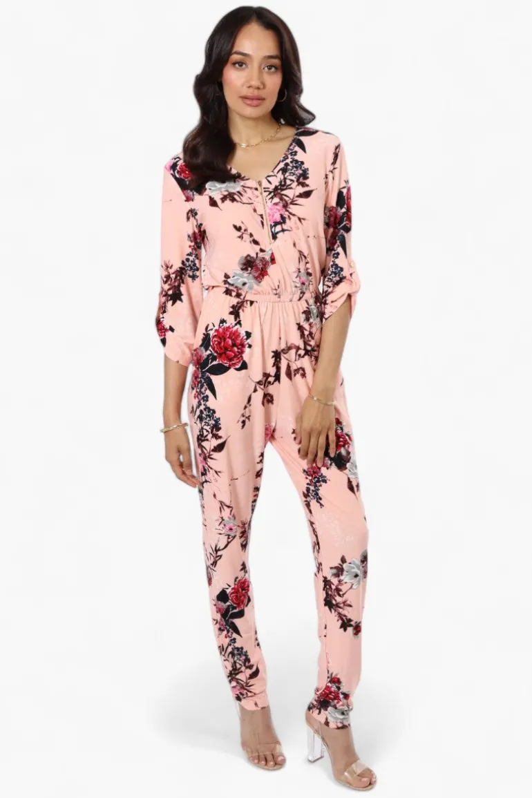 International INC Company Floral Roll Up Sleeve Jumpsuit - Pink