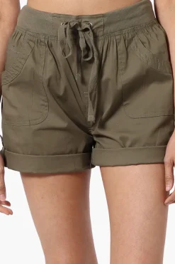 International INC Company Tie Waist Cotton Shorts - Olive