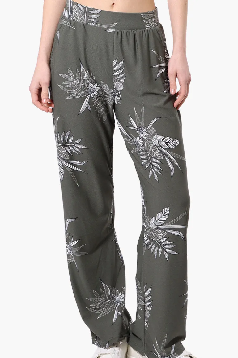 International INC Company Leaf Pattern Wide Leg Pants - Olive