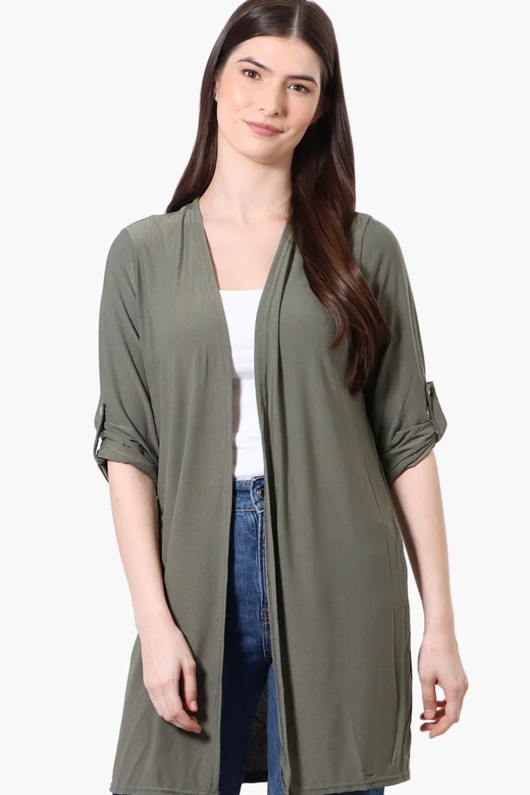 International INC Company Roll Up Sleeve Open Duster Cardigan - Olive