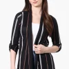 International INC Company Striped Roll Up Sleeve Wrap Cardigan - Black