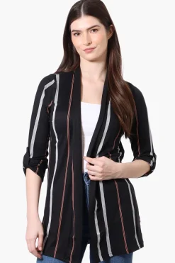 International INC Company Striped Roll Up Sleeve Wrap Cardigan - Black