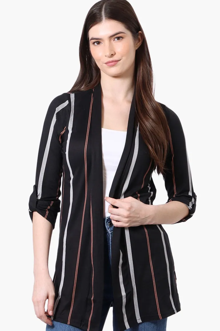 International INC Company Striped Roll Up Sleeve Wrap Cardigan - Black