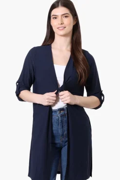 International INC Company Roll Up Sleeve Open Duster Cardigan - Navy