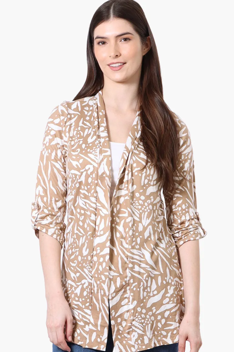 International INC Company Patterned Roll Up Sleeve Wrap Cardigan - Beige