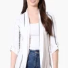 International INC Company Striped Roll Up Sleeve Wrap Cardigan - White