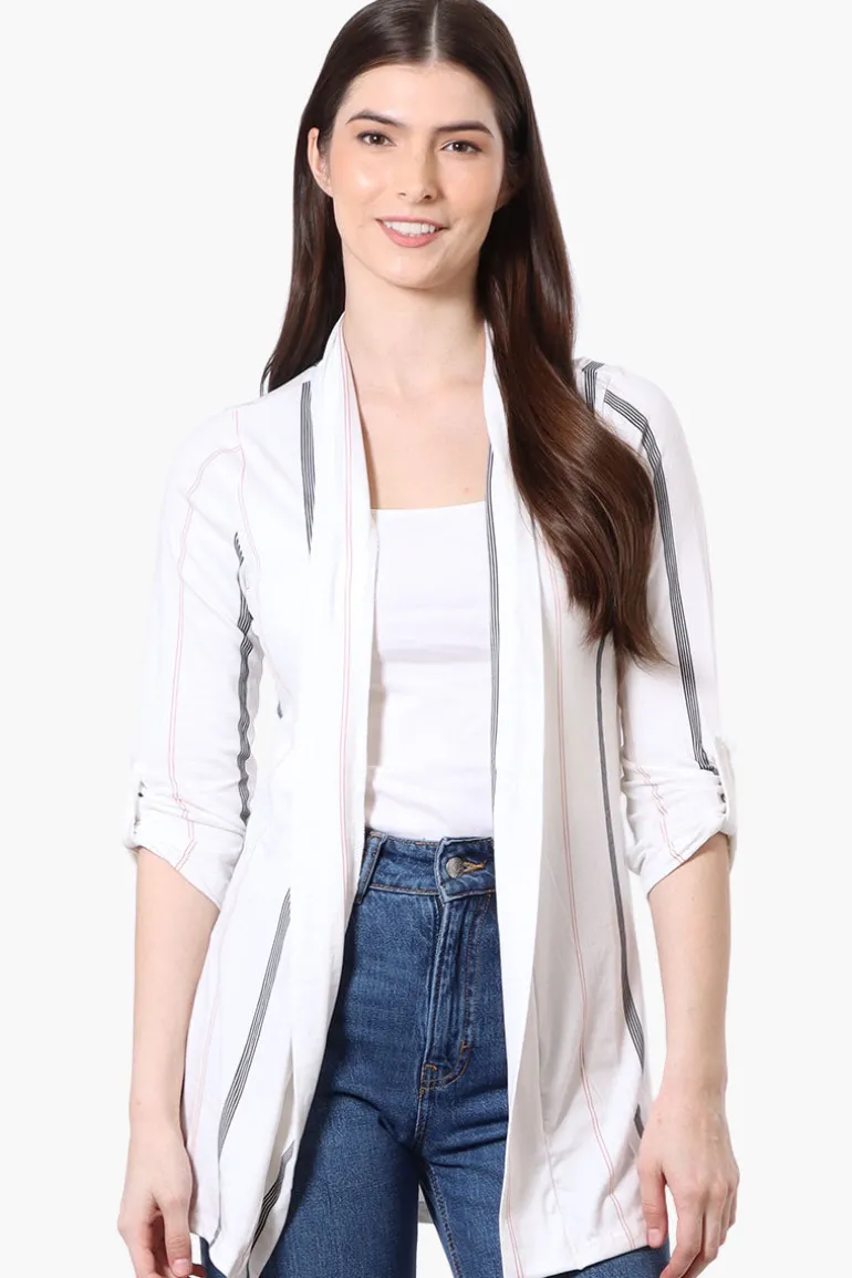 International INC Company Striped Roll Up Sleeve Wrap Cardigan - White