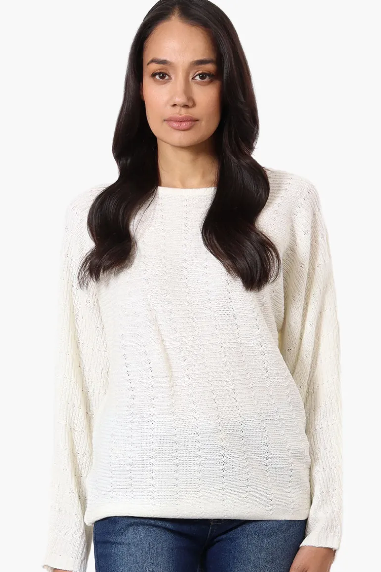 International INC Company Cable Knit Boat Neck Pullover Sweater - White