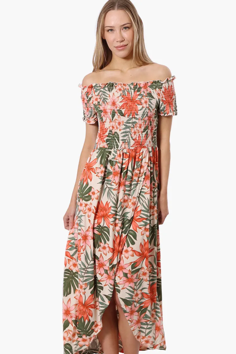 International INC Company Floral Off Shoulder Crossover Maxi Dress - Peach