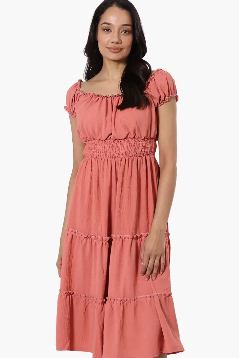 International INC Company Tiered Smocked Waist Maxi Dress - Coral