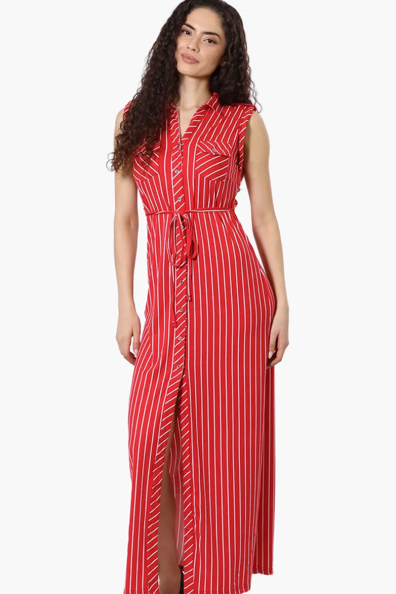 International INC Company Striped Belted Button Down Maxi Dress - Red