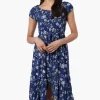 International INC Company Floral Ruffled Button Down Midi Dress - Navy