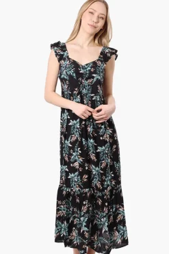 International INC Company Leaf Pattern Ruffle Strap Maxi Dress - Black