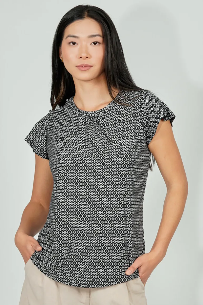 International INC Company Patterned Short Sleeve Cinched Collar Blouse - Black