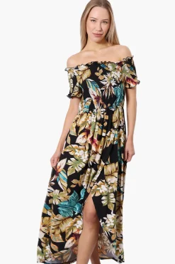 International INC Company Floral Off Shoulder Crossover Maxi Dress - Black