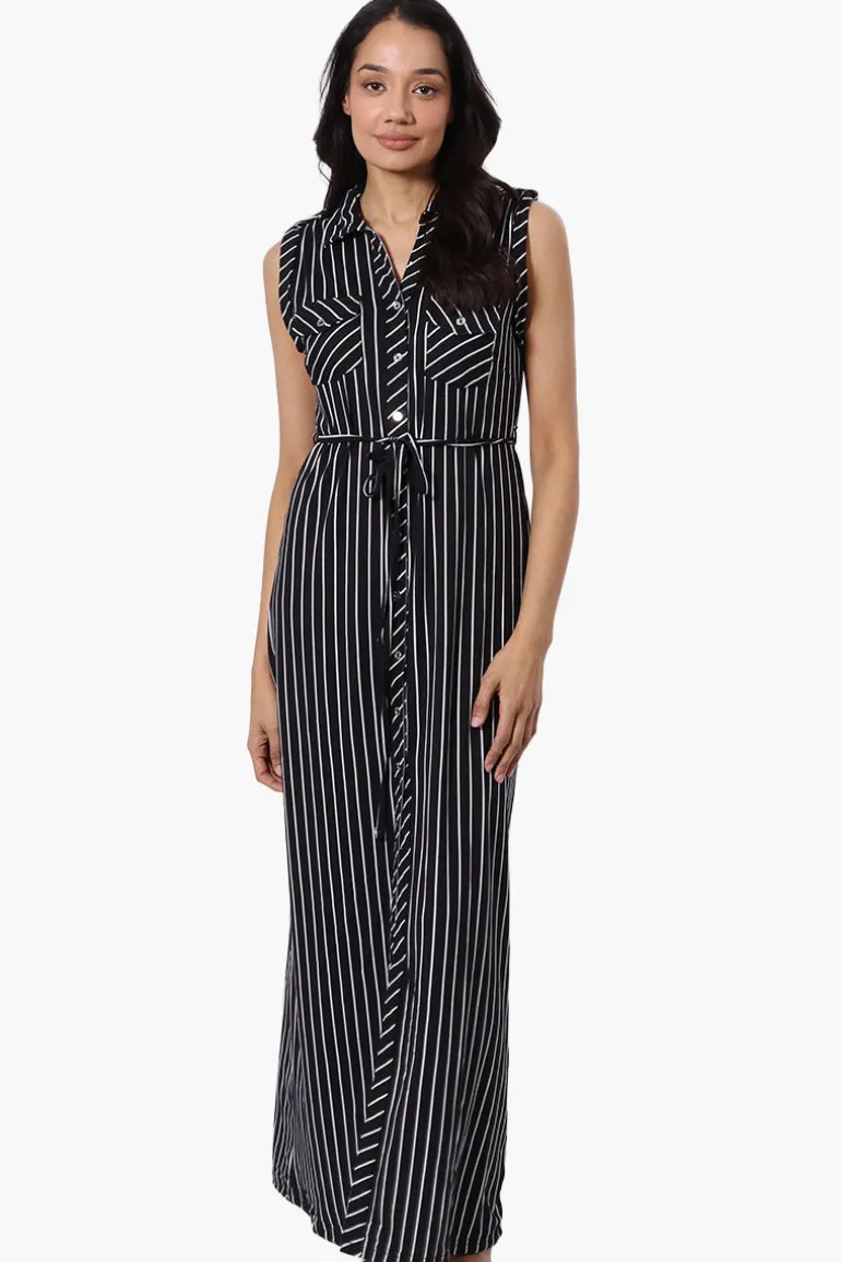 International INC Company Striped Belted Button Down Maxi Dress - Black