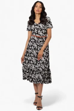 International INC Company Floral Belted Short Sleeve Maxi Dress - Black