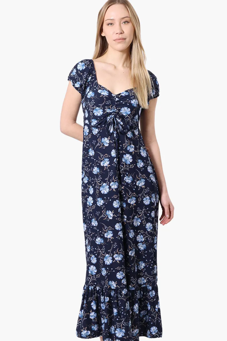 International INC Company Floral Smocked Back Maxi Dress - Navy
