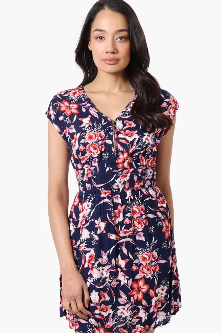 International INC Company Floral Smocked Waist Day Dress - Navy