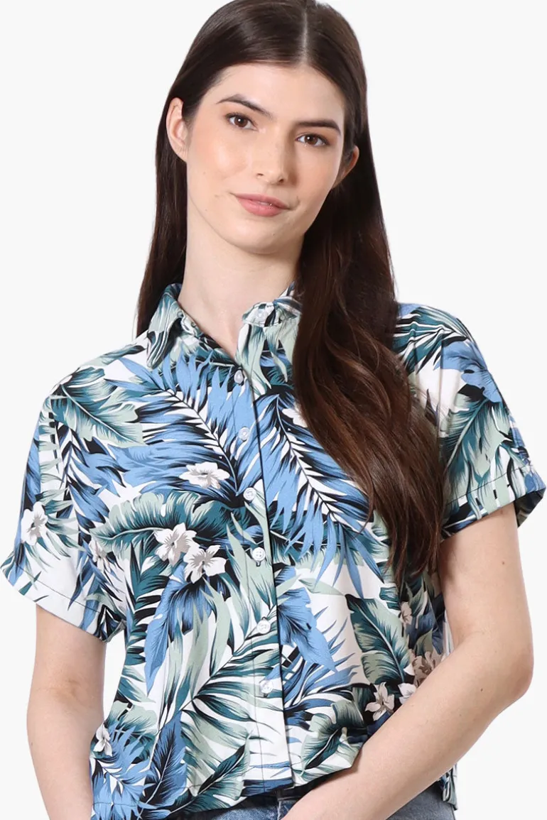 International INC Company Leaf Pattern Button Up Cropped Shirt - Green