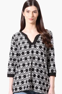 International INC Company Patterned Side Slit 3/4 Sleeve Shirt - Black