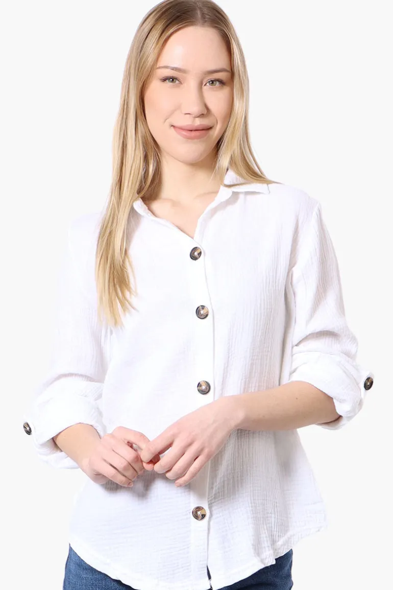 International INC Company Roll Up Sleeve Button Down Shirt - White
