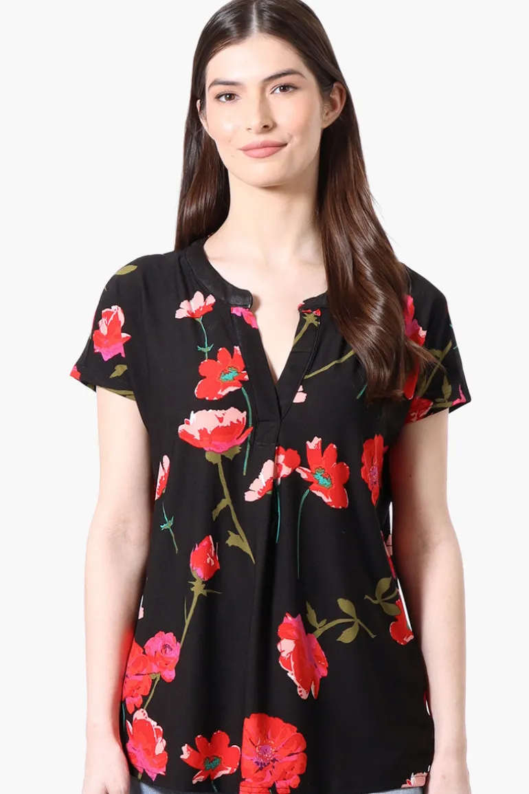 International INC Company Floral Short Sleeve Blouse - Black