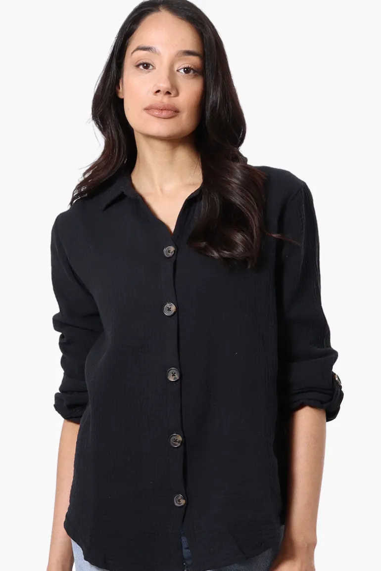 International INC Company Roll Up Sleeve Button Down Shirt - Black