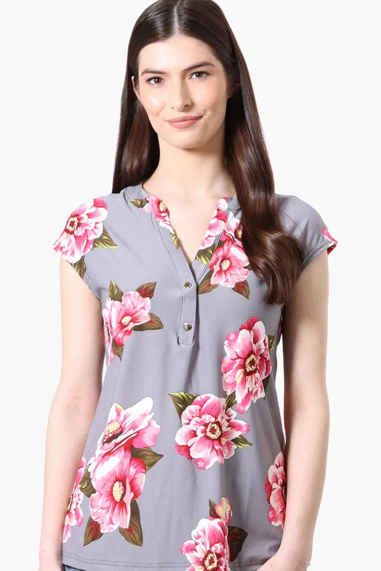 International INC Company Floral Cap Sleeve Henley Shirt - Grey