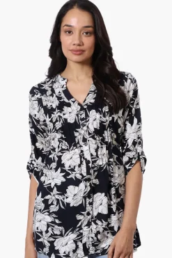 International INC Company Floral Pintuck Blouse - Navy