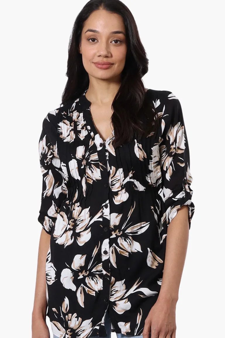 International INC Company Floral Pintuck Blouse - Black