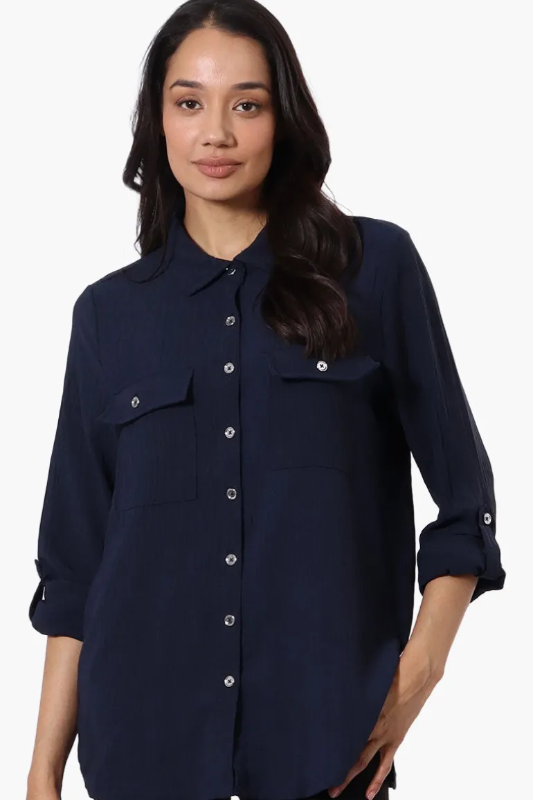 International INC Company Button Down Roll Up Sleeve Shirt - Navy